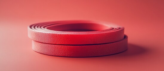 Close-up of two red textured ribbons stacked on a smooth pink background