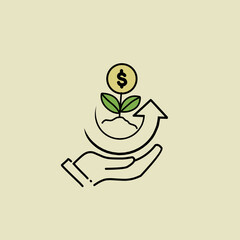 Growth Money Line Icon. Dollar Coin in Plant Shape in Human Hand Linear Pictogram. Increase Income, Financial Profit Outline Symbol. Wealth Sign. Editable Stroke.