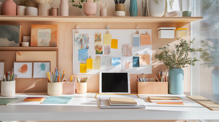 Vibrant creative workspace with white desk, sketchbooks, art supplies, iPad, pinboard with inspiration, and wooden shelves with ceramic vases in bright natural lighting.