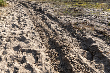 Motorcycle tracks in the sand close-up. Wheel pattern of motorbike crisscrossing the surface. Tire track is motocross traffic. Road trip is motorcycle racing. Textured effect on desert area.