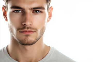 Fototapeta premium Portrait of smart man with jaw line isolated on white background, Selective focus masculine man on white background.