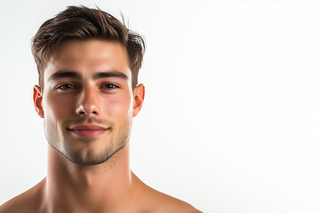 Fototapeta premium Portrait of smart man with jaw line isolated on white background, Selective focus masculine man on white background.