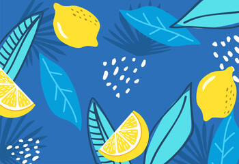 Tropical pattern with vibrant lemons, citrus slices, and blue botanical leaves. Fresh, modern, and stylish background for summer designs, prints, and decor.