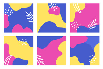 Naklejka premium Modern abstract backgrounds with organic fluid shapes in vibrant blue, yellow, and pink. Perfect for social media, branding, packaging, and web design.