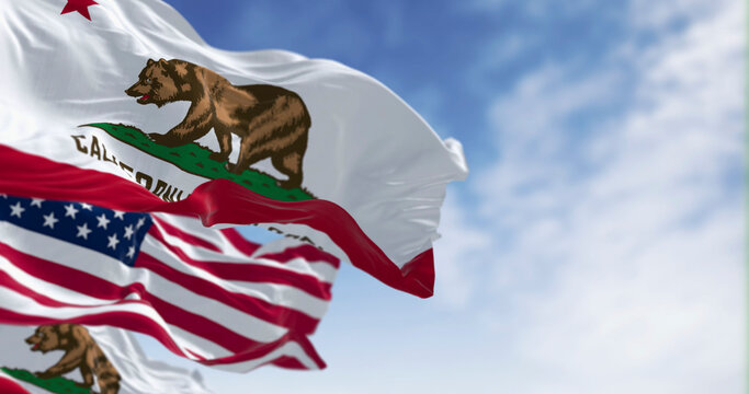 California state flags and the American flag waving in the wind