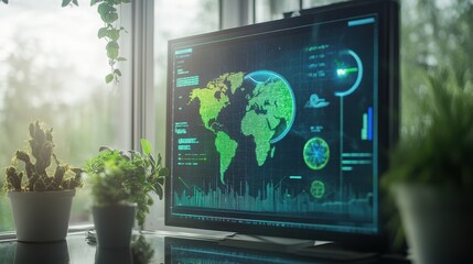 Climate Change Technology Modern monitor displaying a green world map and data analytics amidst indoor plants.