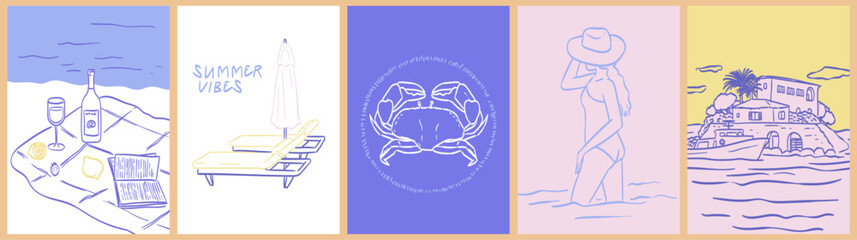 Italian, Spanish or French summer vacation doodle style poster or placard set. Vector ink hand drawn coastal sea or beach elements. Weekend or rest cover collection for invitations to party or picnic.