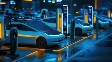 Climate Change Technology Futuristic electric cars charging in a sleek, illuminated urban environment.