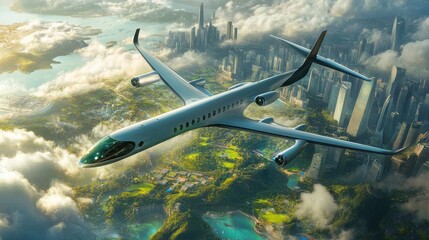Fototapeta premium Climate Change Technology A modern airplane flying over a lush, green landscape with a futuristic city in the background.