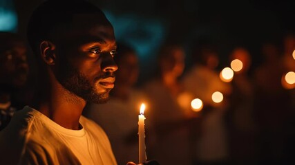 A devoted young man holds a candle during a church ceremony in a sacred atmosphere.