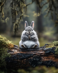 Obraz premium Cute grey rabbit sitting on a tree trunk in a forest setting.