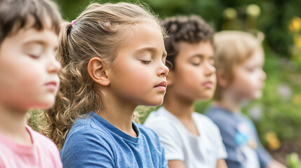 Children practicing mindfulness in a peaceful outdoor setting.