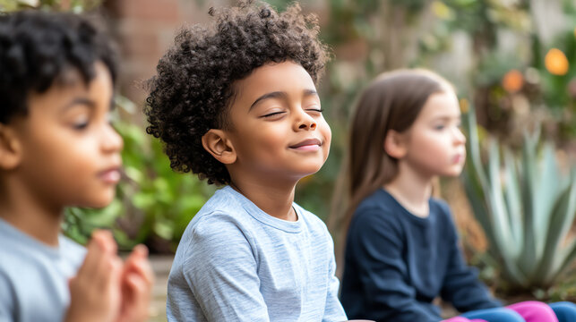 Children practicing mindfulness in a peaceful garden setting.