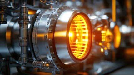 Obraz premium Climate Change Technology Close-up of a metallic engine component with an orange glowing light, showcasing intricate details and technology.