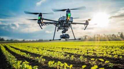 Naklejka premium Climate Change Technology Drone flying over a vibrant green agricultural field during sunset.