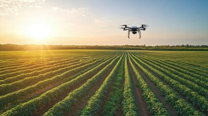 Climate Change Technology A drone flies over lush green farmland during a vibrant sunset.