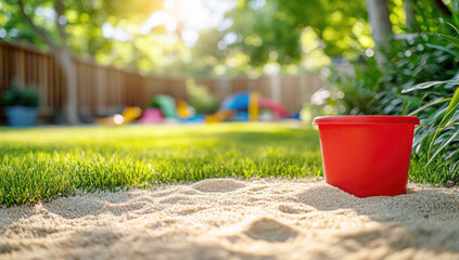 Red bucket in a sandbox on a playground in the backyard on a beautiful summer day, against a blurry playground background