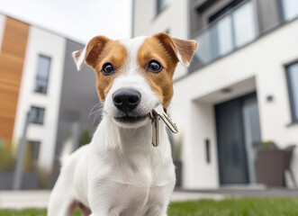 Fototapeta na wymiar Jack russell dog holding keys in mouth standing in front of new modern house, representing home ownership, real estate and security