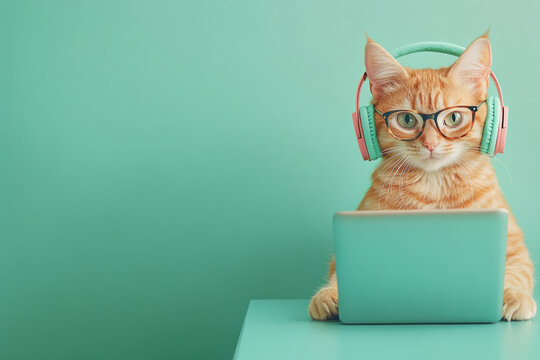 Playful grey kitten wearing pink eyewear and headphones typing on laptop against vibrant turquoise backdrop