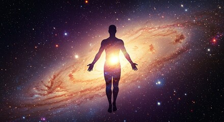 Human Silhouette Floating in a Cosmic Galaxy with Bright Center