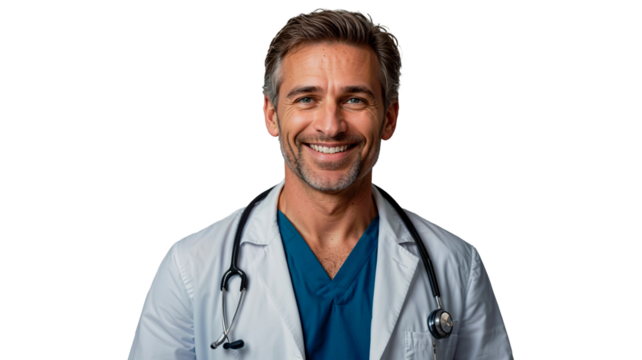 Portrait of smiling male doctor with stethoscope on transparent or white background - Powered by Adobe