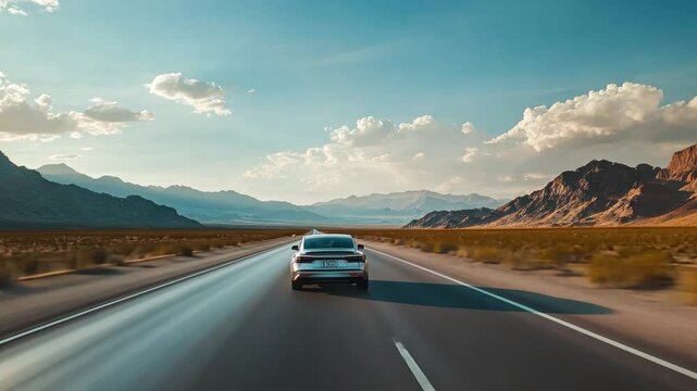 Journey into the Horizon: A sleek vehicle cruises along a seemingly endless, sun-kissed road, framed by majestic mountains and a vast, inviting sky.