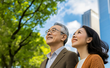Elderly Asian couple smiling and looking up in city park, surrounded by trees and skyscrapers, enjoying sunny day