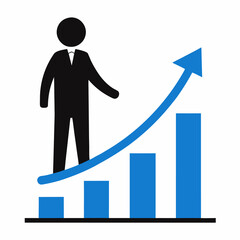 A figure standing on an upward trending arrow with a graph showing increasing values and growth. Business themed Graphic resource.