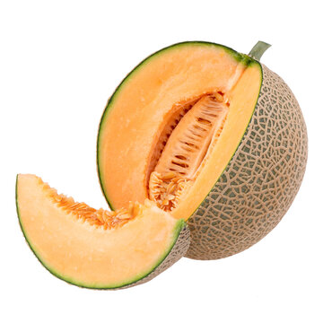 Orange melon or cantaloupe melon with seeds isolated on transparent background