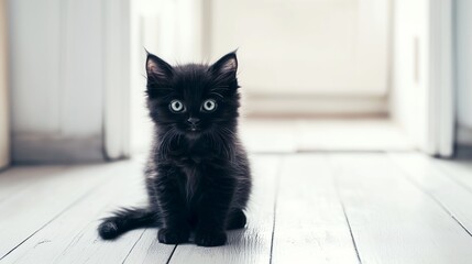 Fluffy black kitten with bright green eyes sitting on a white wooden floor in a softly lit room, gazing curiously. Concept of pet care, innocence, and domestic animals.