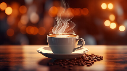 Obraz premium Tasse de café ou cappuccino. Boisson chaude, ambiance chaleureuse et relaxante. Arrière-plan pour conception et création graphique.