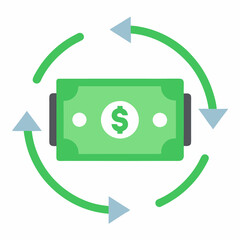 A green dollar bill with a dollar sign and two white dots surrounded by green arrows in a circle shape. Business themed Graphic resource.