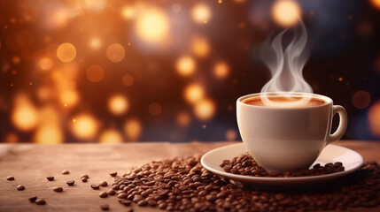 Tasse de café ou cappuccino. Boisson chaude, ambiance chaleureuse et relaxante. Arrière-plan pour conception et création graphique.