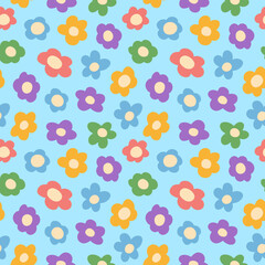 seamless pattern featuring colorful, retro-style flowers on a light blue background, perfect for spring and summer designs, textiles, and decorative projects