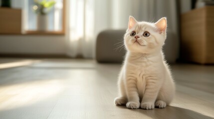 Adorable cream-colored kitten with round eyes sitting on a wooden floor in a sunlit modern home, gazing curiously. Concept of pet care, innocence, and domestic animals.