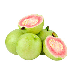 Guava is a tropical fruit with pink juicy flesh and a strong sweet aroma with leaf on a transparent background
