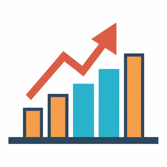 A bar graph showing an upward trend with orange and blue bars and a red arrow pointing upward and to the right. Business themed Graphic resource.