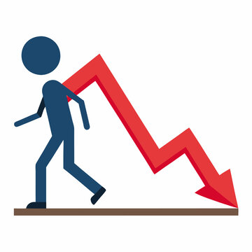 A figure walking under a large red arrow pointing downward on a brown line isolated on white space. Business themed Graphic resource.