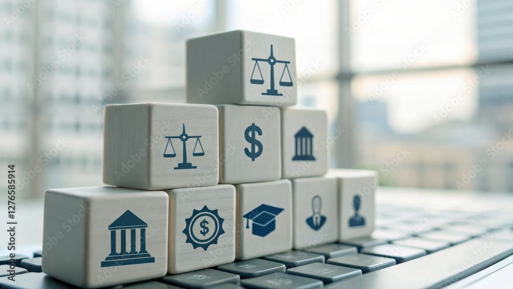 Aufkleber wooden blocks with finance and law symbols on a keyboard in a modern office setting.