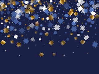 Glittering Christmas star holiday background graphic design. Gold blue white shiny confetti. Poster stardust background. Christmas star shape shimmer. New Year elegant wallpaper.