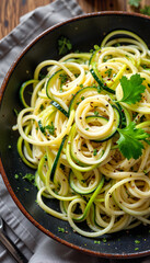 Elegant zucchini noodles twirled in modern kitchen setting, culinary artistry