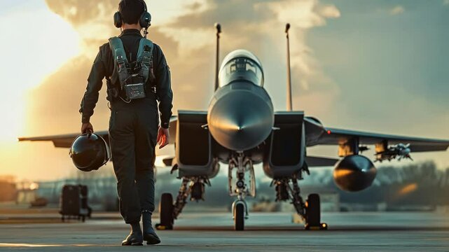 A fighter pilot in a flight suit walking towards a military jet at sunrise, evoking strength and determination