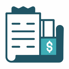 A stylized image of a document with lines and a dollar sign on a teal square next to it. Business themed Graphic resource.