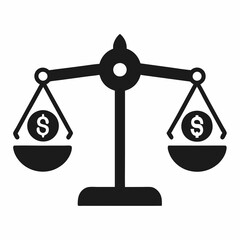 A black and white illustration of a balance scale with dollar signs in the weighing pans on each side. Business themed Graphic resource.