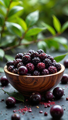 Fresh acai berries in wooden bowl, vibrant natural beauty