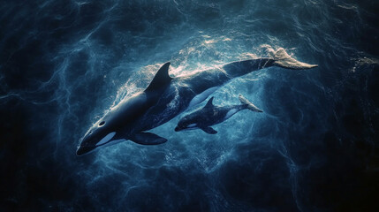 Obraz premium Majestic orca pod swimming together in deep ocean.