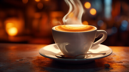 Obraz premium Tasse de café ou cappuccino. Boisson chaude, ambiance chaleureuse et relaxante. Arrière-plan pour conception et création graphique.