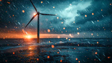 Wind turbine in a stormy seascape with dramatic sunset heavy rain and glowing reflections offshore renewable energy resilience nature power sustainability and environmental impact