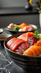 Gourmet sashimi arrangement in elegant bowl, culinary artistry