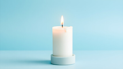 White candle on blue background with copy space for design in your work.